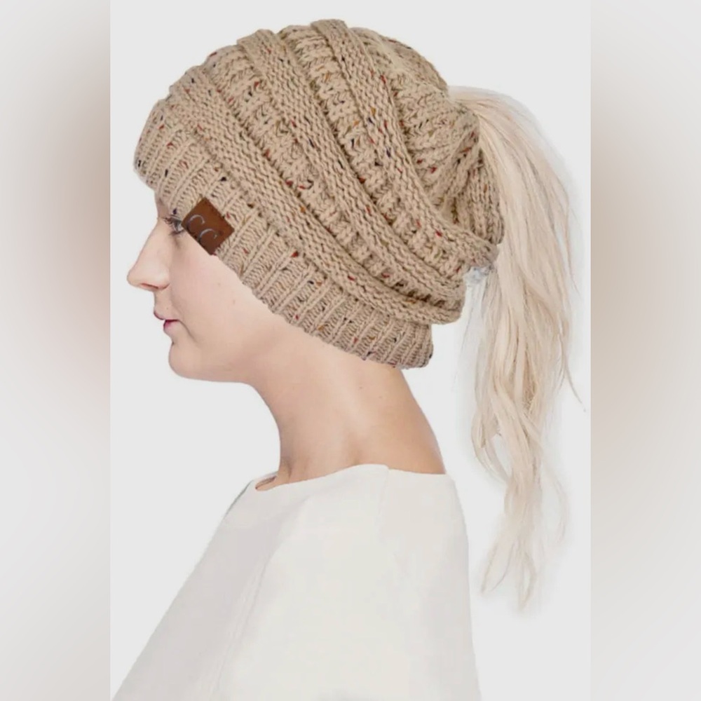Latte Confetti Ponytail/Messy Bun Beanie